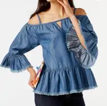 Boho denim Frayed Cold Shoulder Top