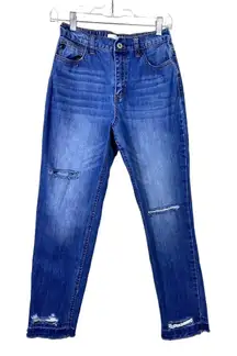 KanCan Jeans Womens 5/26 High Rise Distressed Mom Denim‎ Blue Elastic Waist