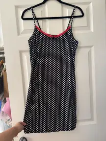 Black and White Polka Dot Dress with Red Lace Trim