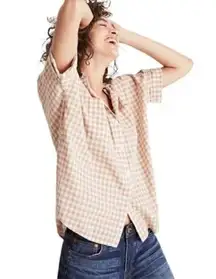 Madewell  Shirt Courier Side Button White Tan Gingham Check Short Sleeve Top