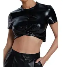 Micas Women's Small Black Basic Faux Leather Short Sleeve Cropped Sexy Tee