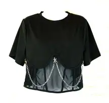 Corset T-Shirt Womens S Black Crop Solid Sheer Jersey Chain Tee Goth Punk Rock