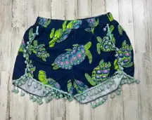 Simply Southern Women's Lounge‎ Shorts S/M Navy Green Sea Turtle Pom-Pom Trim