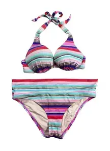 Victoria's Secret Matching Bikini Swim Set Padded Halter Top Multi Stripe 34C M