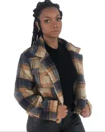 NWT Blue and Brown Plaid Button Up Sherpa Coat