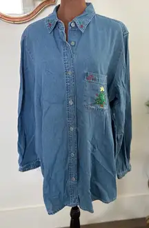 Bobbie‎ Brooks Denim Shirt Christmas Tree Embroidery Holiday Top 14W/16W