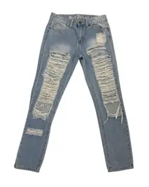 V.I.P Boyfriend Distressed Straight Leg Loose Fit  Denim Blue Jeans Size 1/2