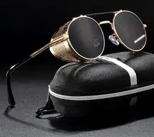 Retro Gothic Steampunk Sunglasses Black, Gold Polarized Metal Frame Glasses Case