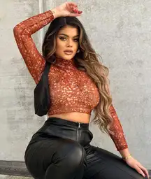 Jolie & Joy‎ M Mesh Top Sheer Turtleneck Animal Print Cyber Glam Y2K Alt Cropped