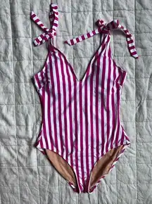 J.Crew  Wild Berry Pink Striped Bow Tie Shoulder One Piece Swimsuit Barbie -Large