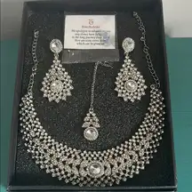 Touchstone Bollywood Bridal Prom Glam Rhinestone Necklace Earrings Mangtika Set