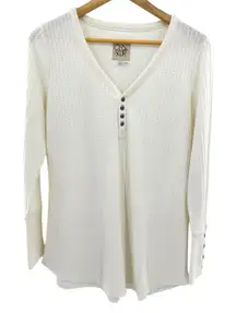 CHASER Henley Shirt Womens Large Off White Thermal Waffle Knit V Neck‎ Top EUC