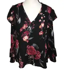 A New Day  BLACK MULTICOLOR FLORAL VNECK BUTTERFLY SLEEVES MEDIUM