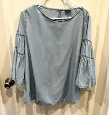 J Jill Shirt Womens Large Blue Chambray 3/4 Length Bell Sleeves 100% Tencel