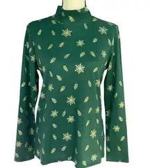 Karen Scott Medium Top Holiday Leaf Snowflake Long Sleeve Stretch Mock Neck