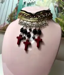 Topshop Gold Silver Stacked Chain Choker Necklace Black Skull Red Cross Pendants