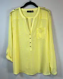 APT 9 Womens V-Neck Half Button Up Popover Blouse Top Yellow White Grid Sheer XL