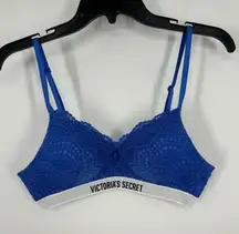 Victoria's Secret Lined No Wire Lace‎ Bra Electric Royal Blue Spellout Size 34B
