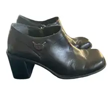 Harley~Davidson Moto Square Toe Bootie Sz 9 Side Zip Leather Black 3” Heel Biker