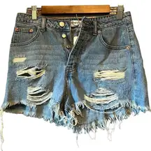 Impressions Distressed Denim Shorts Medium Ripped Frayed Raw Hem‎ Blue