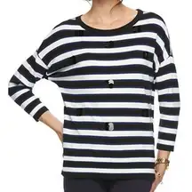 Elle $68 Medium Black Blue White‎ Striped Sequin Bead Embellished Knit Sweater