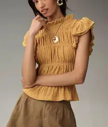 Blue Tassel Ruched Flutter-Sleeve Top