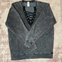 ••Dark Gray Acid Washed Pullover with Criss Cross V-Neck