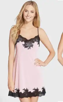 Natori Enchant Lace Trim Satin Chemise pink black sz 1X