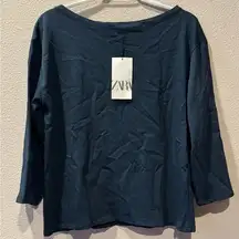 ZARA Long Sleeve Boat Neck Top Size Small NWT Dark Blue Minimalist Soft Stretch