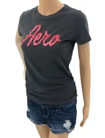 Aeropostale MEDIUM Gray Velvet Cursive Spellout Short Sleeve Tee Shirt  T-SHIRT