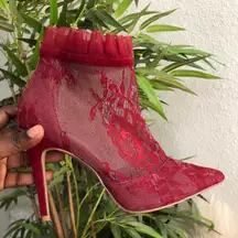 Red mesh high heel ankle 4” stiletto heels boots booties lace detail and ruffle trim - US Women 7.5 Very comfortable & sturdy to walk  #whimsygoth #grunge #romantic #coquette