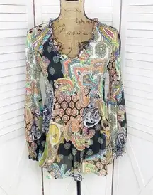 Allison Taylor Paisley Chiffon Pleated Fit Flare Tunic Blouse Medium