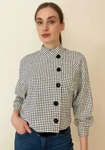 Cabi Checkered Grid Button Front Blouse Top Black White High Neck Asymmetrical M