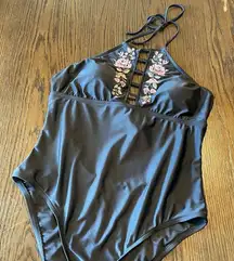 Mossimo black floral high neck one piece swimsuit, XL