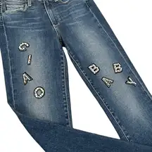Paige High Rise Hoxton Ankle Peg with Pearl Adorned Patches “CIAO BABY” Jeans 26