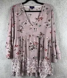 Artesia Top Womens XXL Lilac Floral Pattern Baby Doll V-neck Bell Sleeves Blouse