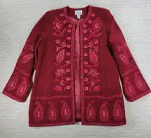 Linea Louis Dell'Olio Embroidered Jacket Womens L Red Pink Curly Wool Paisley