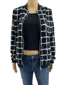 Beulah (M) Black White Plaid Zip Up Lightweight Bomber Jacket