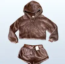 NWT  Plush Deep Taupe Drawstring Loungewear Crop Hoodie + Shorts