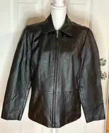 Vtg black lambskin leather zip blazer jacket hand pockets lined stitch details L