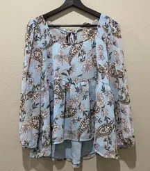 Light Blue Floral Paisley Print Semi Sheer Babydoll Blouse Size M