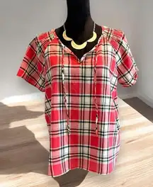 Como Vintage  XL Red Plaid Cotton Sleeveless Peasant Keyhole Blouse Top