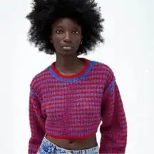 ZARA Cropped Boxy Sweater | Red & Blue Chunky Knit | Alpaca Wool | Oversized sma