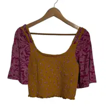 Free People NWT  Womens Top Size S Cropped Flared Sleeve Smocked Peasant Boho