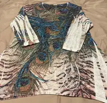 Gorgeous tunic peacock feather design & tiny rhinestones 3/4 sleeves sz S EUC