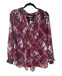Charter Club Women's Bohemian Floral Plaid Blouse Burgundy Size 2X Pull Over