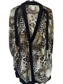 Misook Cardigan Womens L Brown Leopard Snap Front Vintage 90s lightweight sheer