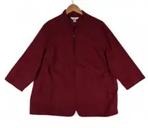 CJ Banks Jacket Womens 2X Red Texture Full Zip Cotton 3/4 Sleeve Shacket Boho