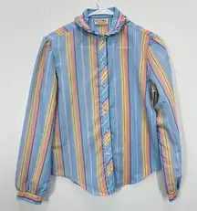 Vintage Colorful Pastel Ruffle Collar Striped Blouse 70s Puff‎ Sleeve Quirky