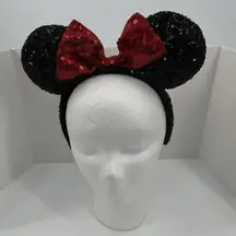 DISNEY Parks Minnie Mouse Ears Hat Headband Black Sequins Red Sequins Bow